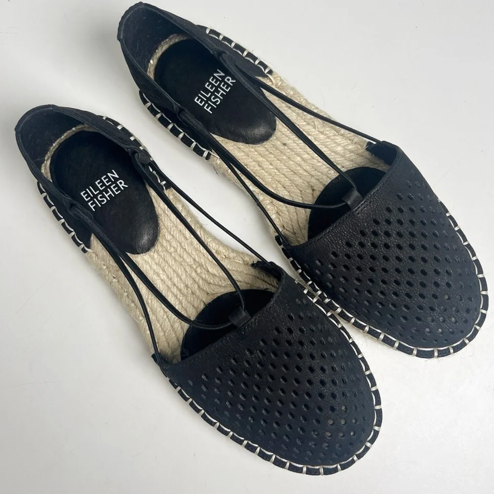 •EILEEN FISHER• Lee 2 Espadrille Sandal Black Perforated Nubuck Leather Size‎ 6